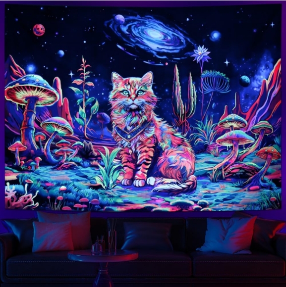 XL Psychedelic Space Kitty Shrooms Galaxy Blacklight Wall Tapestry Cat Lady Gift - Picture 1 of 14
